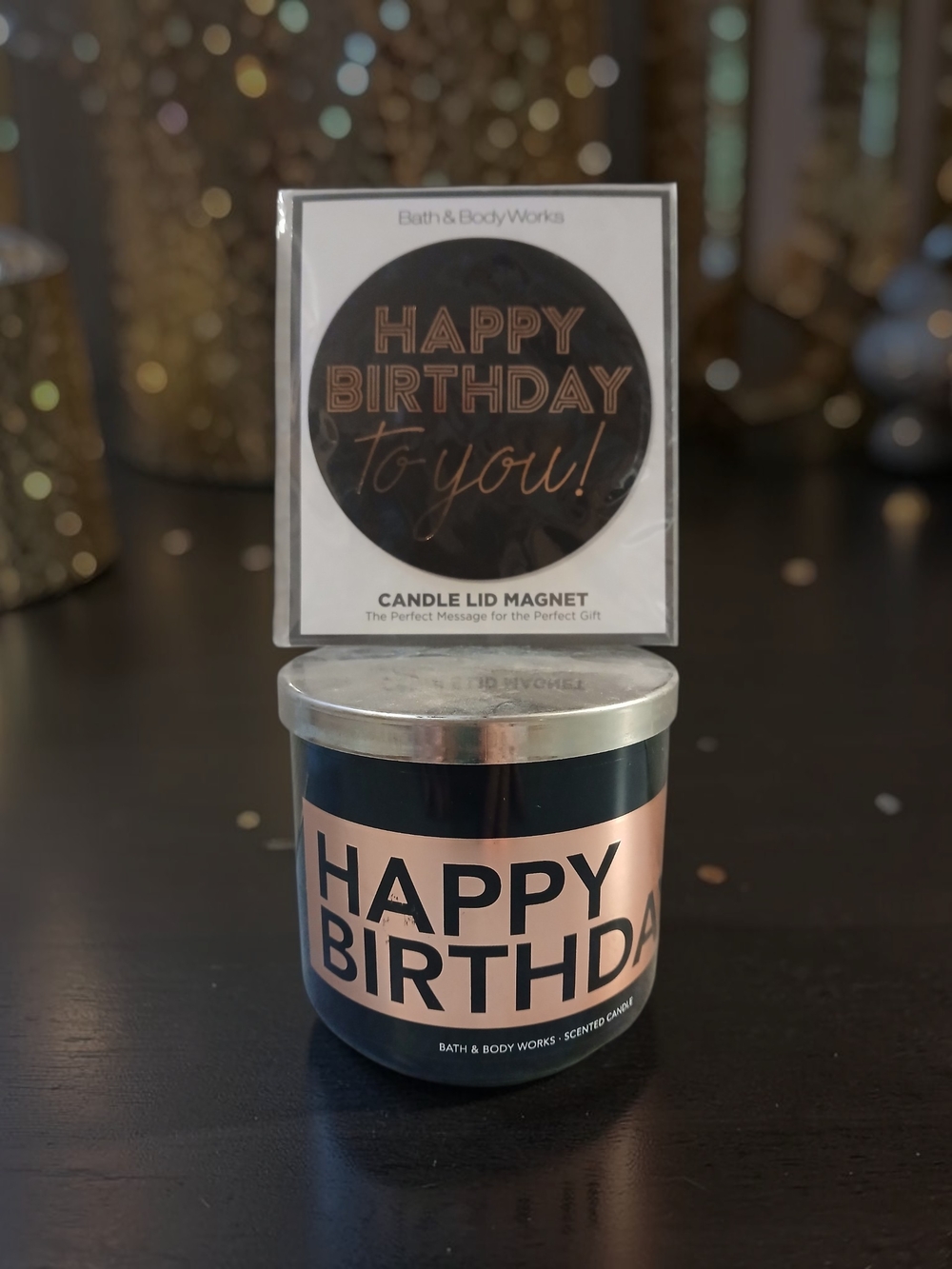 Bath & Body Works Black and Rose Gold Happy Birthday Candle And Candle Magnet